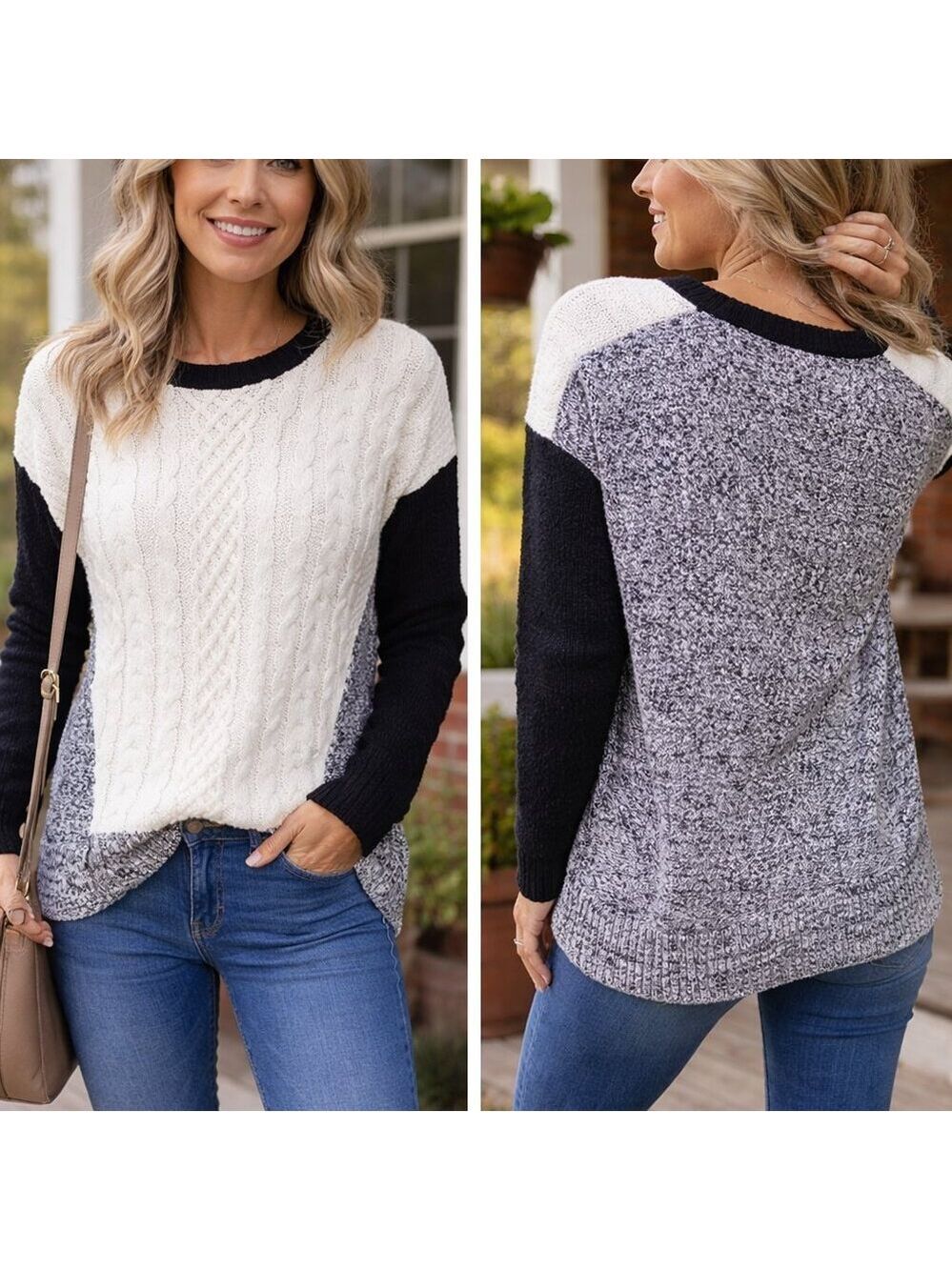 Colorblock Cable Knit Sweater | Cream & Black | Cozy Chic Fall Top | BB214i